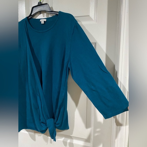 J. Jill Sweater Top XL Teal Cotton Blend Knit 3/4 Sleeve Round Neck Knot Tie - Picture 4 of 9